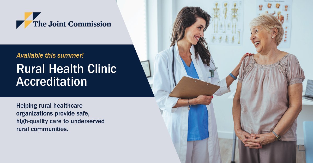 Introducing Rural Health Clinic Accreditation from The Joint Commission!

Our #RuralHealth Clinic Accreditation program can help clinics set a framework for providing safe, high-quality care to patients in rural communities.

Learn more about the program: jointcommission.org/what-we-offer/…