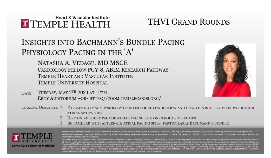 Today @TempleCards Grand Rounds! 12pm 🕛 in Erny Aud - Senior🫀Fellow @nat_ved on Bachman’s Bundle Physiologic Atrial Pacing ⚡️ #EPEEPs @dredcronin @narrowQRS @Dr_Smietana @docwitman @AnujBasil @pravinp8 @MartinGKeaneMD @TempleHealth @TempleIM alum 🔜 @MGHMedicine EP Fellow