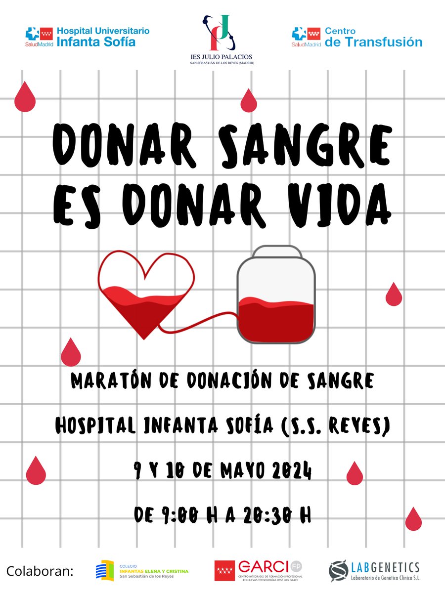 📢Maratón de donación de sangre
🏥 Hospital Infanta Sofía
⏱️Jueves 9 y viernes 10 de mayo de 9:00 a 20:30
Queremos conseguir superar las 200 donaciones, lo que supone salvar hasta 600 vidas. ¿Nos ayudas?
#DonarSangreEsDonarVida
<a href="/Madridonasangre/">Centro de Transfusión🩸</a> <a href="/ColegioInfantas/">COLEGIOINFANTAS</a> <a href="/cifpgarci/">CIFP JL Garci</a>