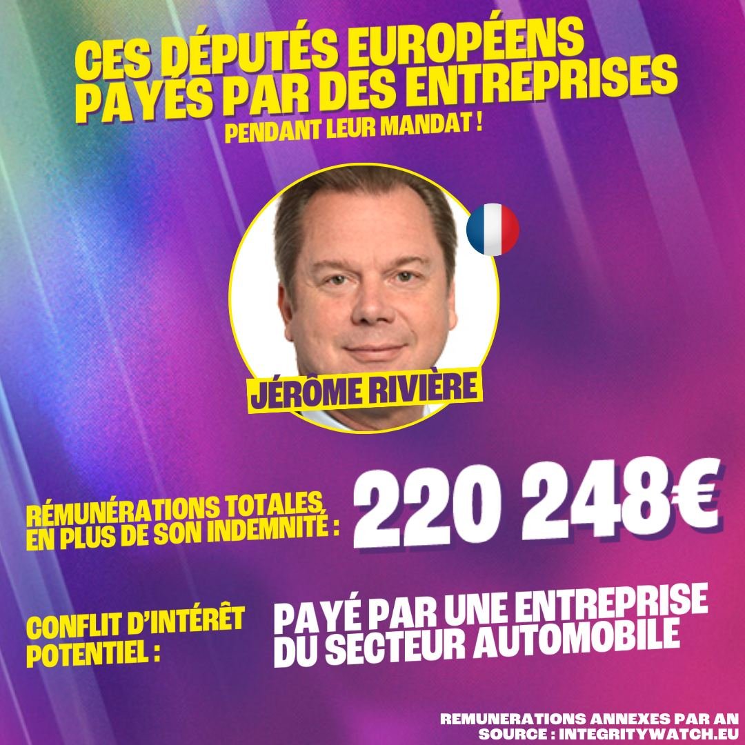 Le député français @jerome_riviere (élu sur la liste du RN en 2019) touche 220 248 euros par an via sa mystérieuse holding 'JRH SAS' et son entreprise dans le secteur de l'automobile.

Rivière est donc payé presque 2 fois plus par ces entreprises que par le Parlement européen !
