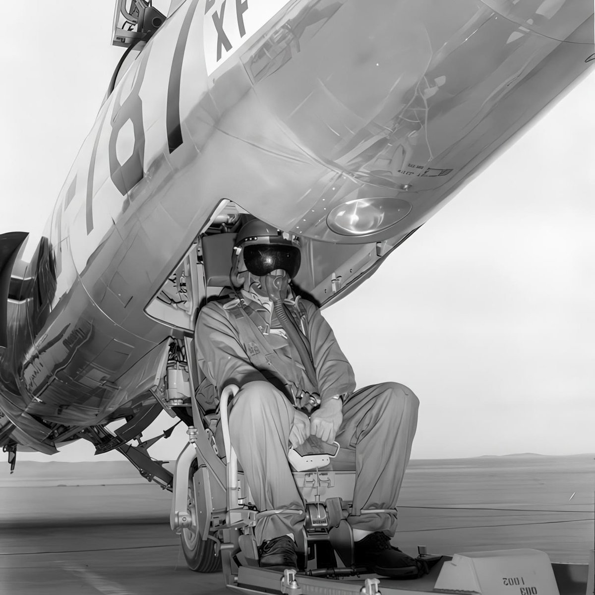 XF-104 had a downward-firing ejection seat, built by Stanley Aviation Inc. It was intended to avoid the airplane’s tall vertical tail. Later production aircraft used an upward-firing Martin-Baker seat. This airplane is the second prototype XF-104, 53-7787. (Lockheed Martin)