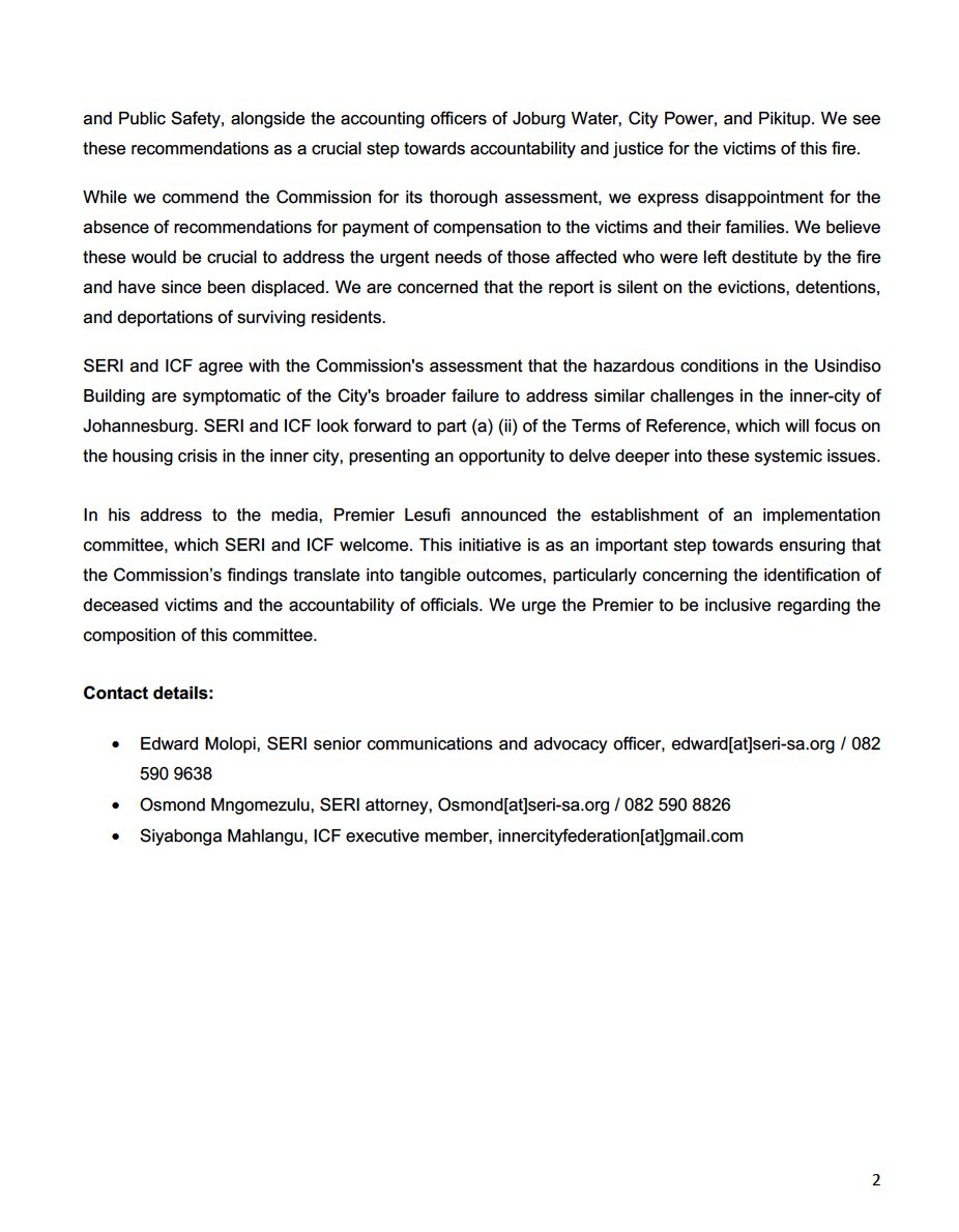 [PRESS STATEMENT] On Sunday, Justice Khampepe published the report on part (a) (i) of the Terms of Reference of the Commission of Inquiry into Usindiso Building after it was submitted to the Gauteng Premier, @Lesufi. SERI and ICF welcome the report | shorturl.at/bhpsP