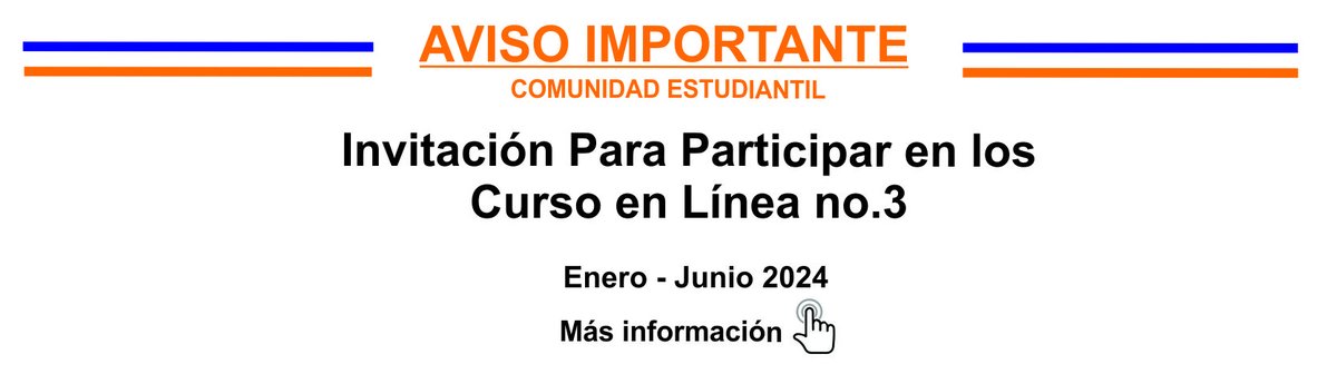 Buen día comunidad estudiantil 📢
Se les invita a participar en los Cursos en Línea no. 3 impartidos en MOOC
Mas información:
👉 bit.ly/4a4DIUU