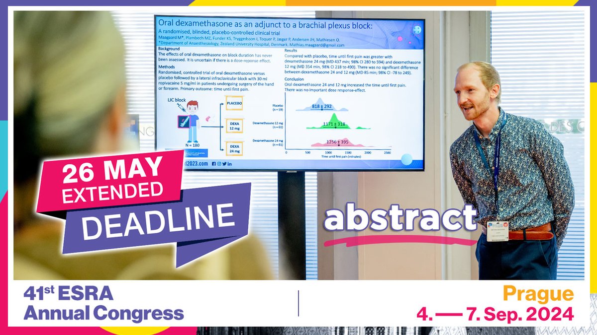 ⏳ Because time is running out for many of you, the abstract submission deadline is extended until 26th May included #ESRA2024 🇨🇿 👉 esracongress.com/call-for-abstr… Give your work the visibilty it deserves in the best congress on Regional Anaesthesia & Pain Medicine!