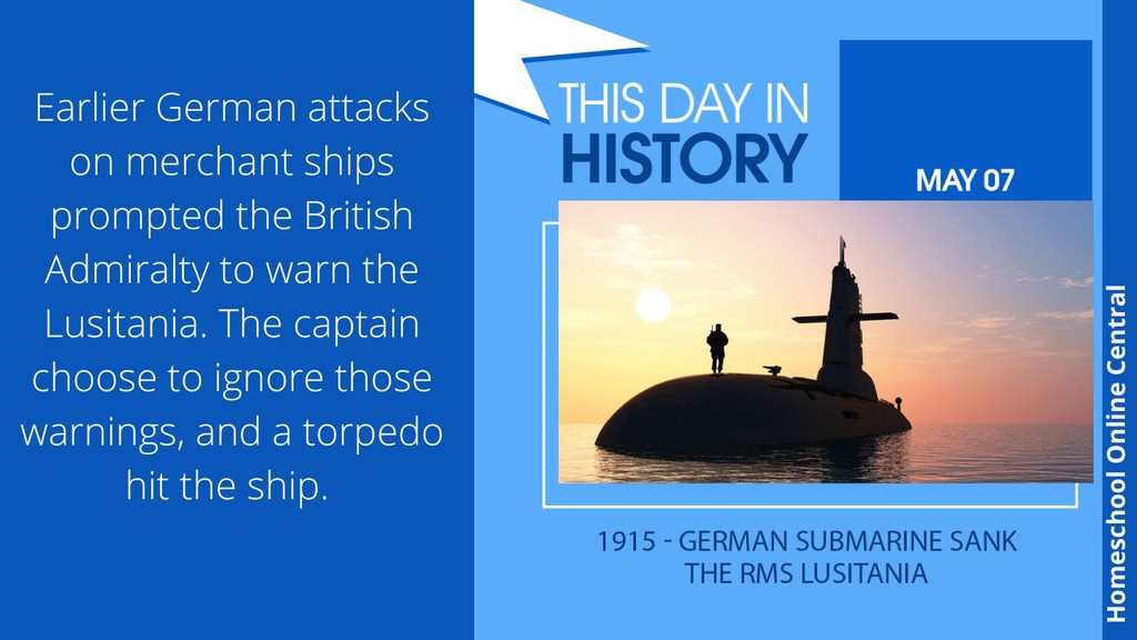 Within 20 minutes, the Lusitania had sunk, claiming the lives of those onboard. The Germans were able to justify the attack by saying the Lusitania was an enemy ship.
#americanhistory #homeschoolhistory