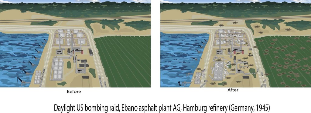 SimpleHistoryYT's tweet image. Daylight US bombing raid, Ebano asphalt plant AG, Hamburg refinery (Germany, 1945)