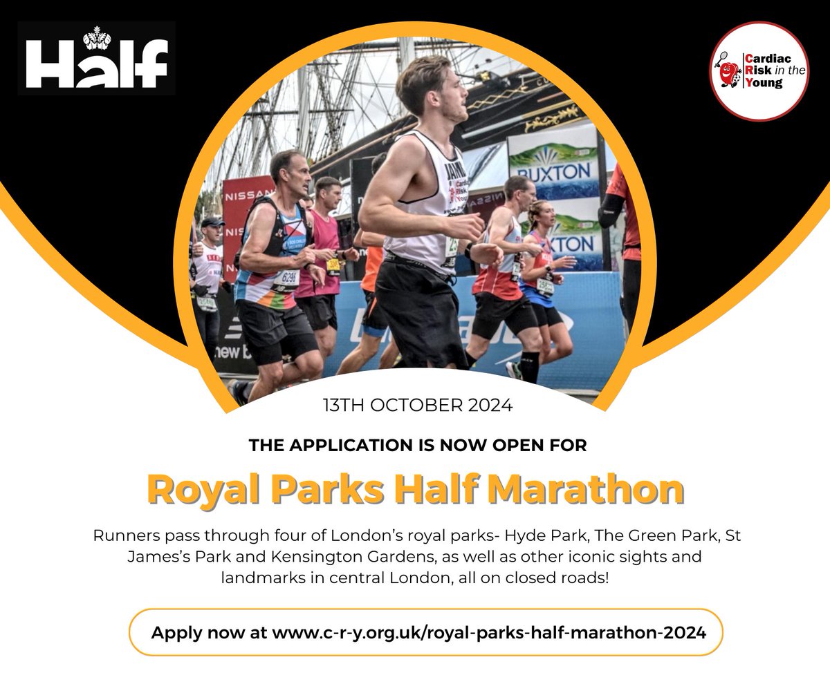 Apply now for The Royal Parks Half Marathon! Join #TeamCRY on 13th October, to run through four of London’s royal parks, as well as other iconic sights and landmarks in central London. To sign up, visit: c-r-y.org.uk/royal-parks-ha… 🏃 🌳