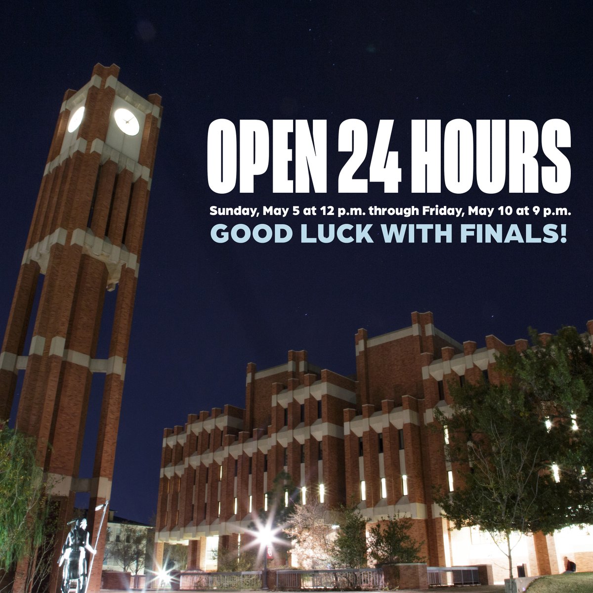 Let's try this again 🙃 Bizzell Memorial Library is now open 24 hours a day until Friday, May 10 at 9 p.m. We will not be closing. So students, come in your jammies, bring snacks and blankets, and stay awhile. And good luck with finals!