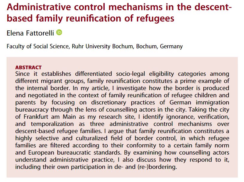 #ERSNew🐣 

New article by @ElenaFattorelli on the production and negotiation of the border in the context of family reunification of refugee children and parents in Germany
#internal border #family reunification 

(Part of the Special Issue: Mapping the Internal Border)
