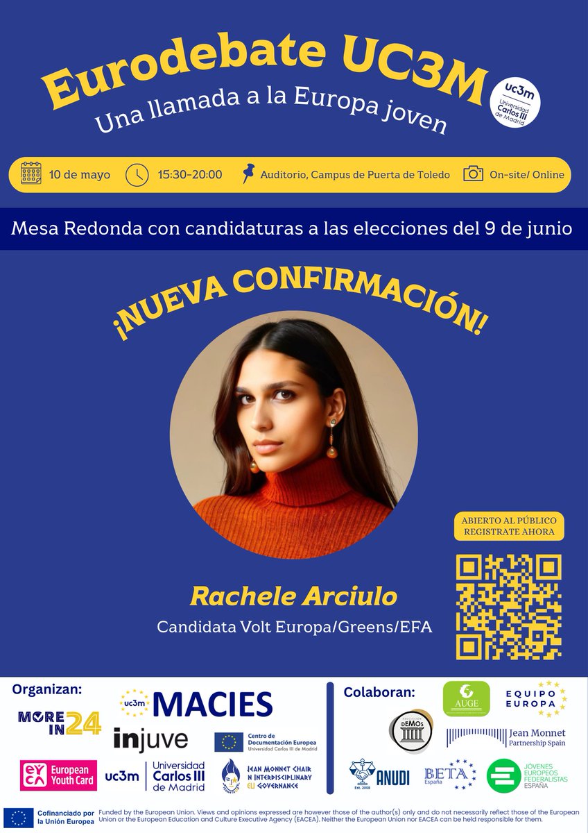 🚨🇪🇺 La candidata @RacheleArciulo de @VoltEspana confirmada para el #EuroDebateUC3M @uc3m @InjuveSpain Te esperamos a ti y a tus amig@s para escuchar las propuestas sobre Juventud de los partidos. Registro: forms.gle/iYXTBhxWCsFQbV…