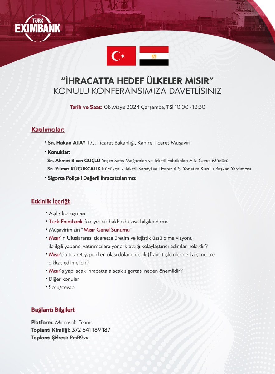 T.C. Ticaret Bakanlığı’nın Hedef Ülkeler Stratejisi kapsamında düzenlediği “İhracatta Hedef Ülke Mısır” konulu çevrim içi konferansımıza davetlisiniz. 5973 sayılı İhracat Destekleri Hakkında Karar çerçevesinde ilave destek uygulanması amacıyla her yıl T.C.Ticaret Bakanlığımızca…