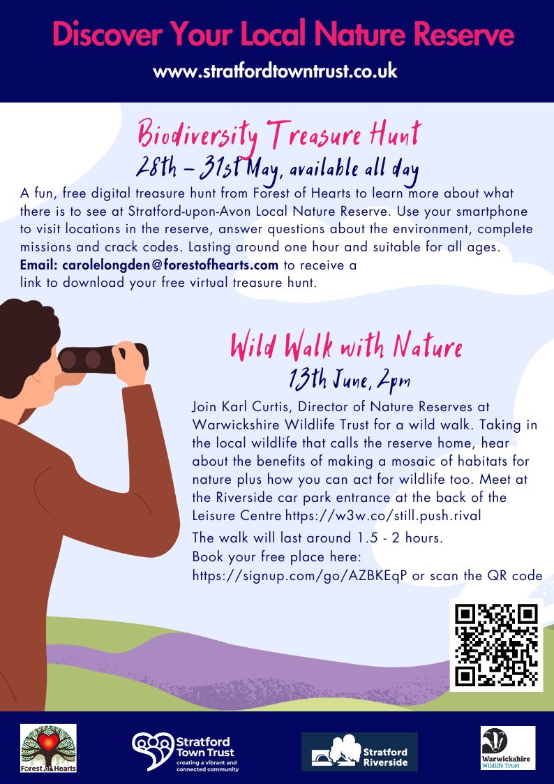Want to get closer to #nature & have fun? There are 2 exciting events coming up at Stratford-upon-Avon Local Nature Reserve starting with a free digital Biodiversity Treasure Hunt 28 - 31 May & a Wild Walk with Nature on 13 June stratfordtowntrust.co.uk/our-community/… @ForestofHearts