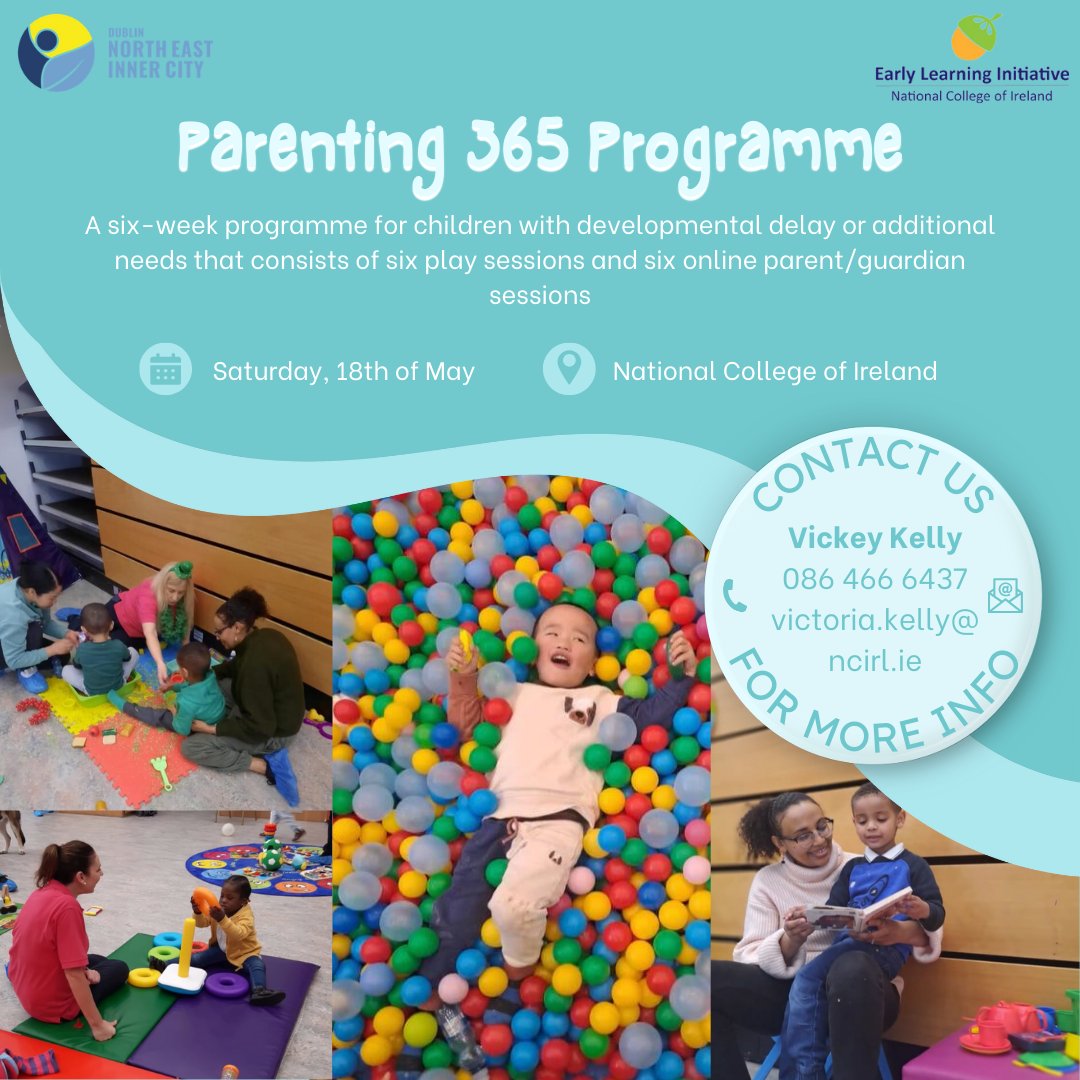 Term 3 of the Parenting 365 Programme will begin on Saturday the 18th of May🤩 This six-week programme supports parents of young children with developmental delays or additional needs. Contact Vickey on 086 466 6437 or victoria.kelly@ncirl.ie for more info!#NEIC #ParentingSupport