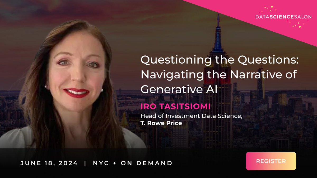 Dive deeper into AI query strategies at #DSSNYC with Iro Tasitsiomi from @TrowePrice 📊 Questioning the Questions: Navigating the Narrative of #GenerativeAI tackles the art of enhancing #AI queries for optimal outcomes. Join us on June 18! datascience.salon/newyork/ #DataScience