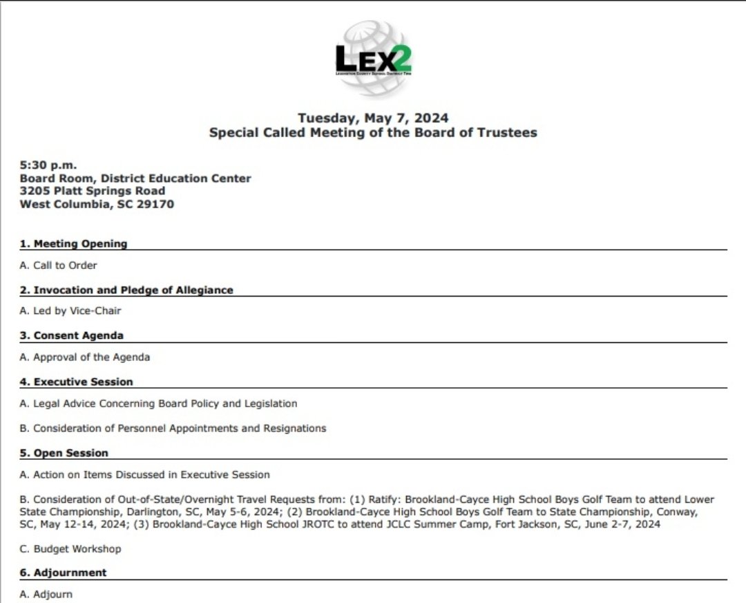MelissaLGoforth's tweet image. Special Called Meeting of @LexingtonTwo Board Of Trustees TONIGHT at 5:30p.m.

In Exec. Session, BOT to receive legal advice on Board Policy &amp;amp; Legislation. 

New location! 
Lex2 Board Room
3205 Platt Springs Road
West Columbia, SC 29170

#wearelex2 #wecosc #caycesc #scpol