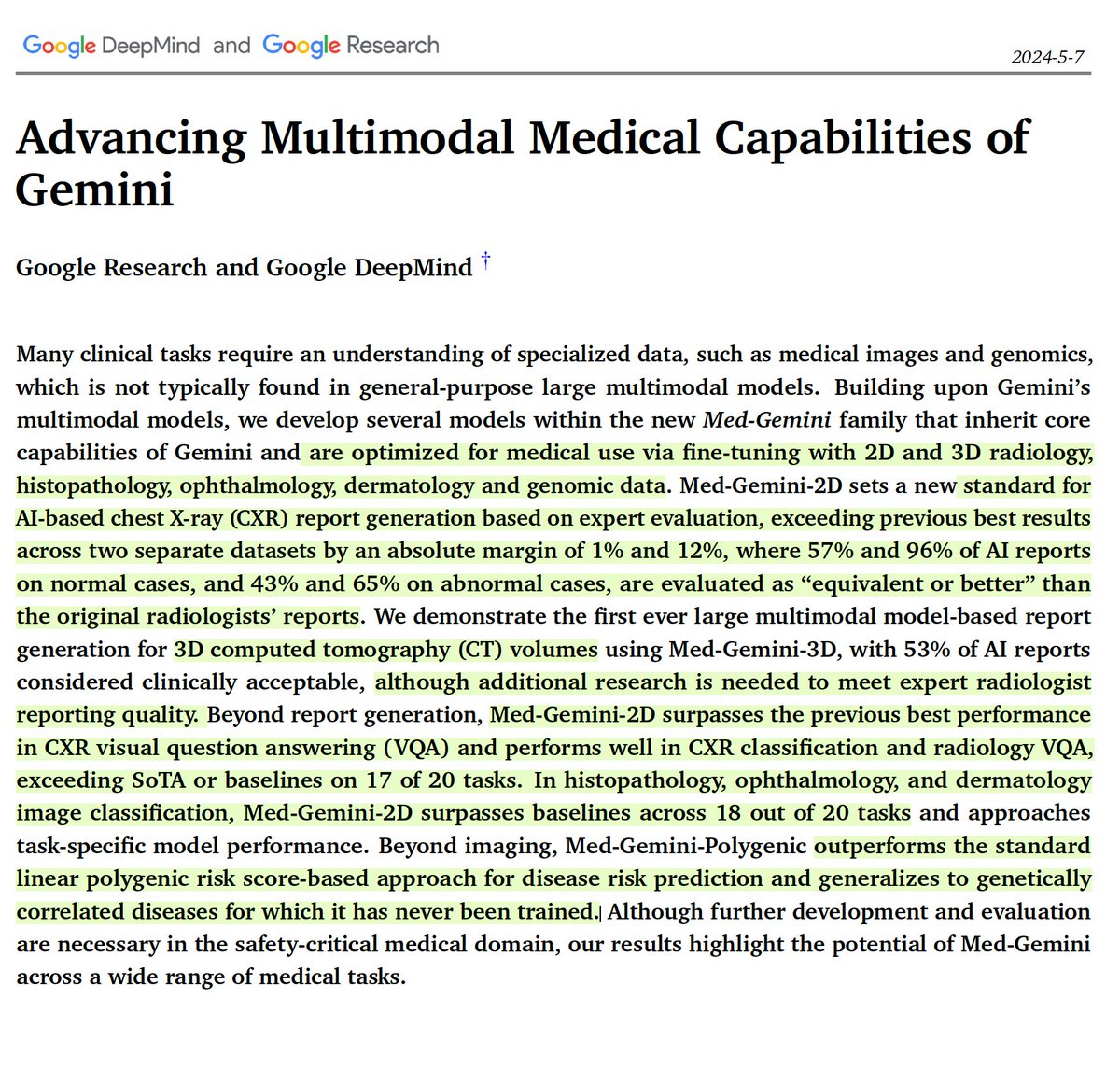 These Twin Gemini multimodal #AI model reports take the state-of-the-art of medical AI to a new level with diverse task capabilities arxiv.org/pdf/2404.18416 arxiv.org/abs/2405.03162 @GoogleDeepMind @GoogleAI