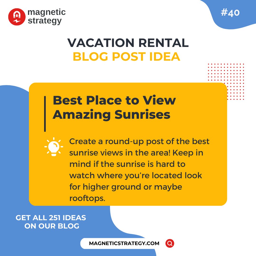 Create a roundup post of the best sunrise views in the area! Keep in mind if the sunrise is hard to watch where you're located look for higher ground. 

#vacationrentals #vacationrentalmanagers #vrm #shorttermrentals #propertymanagers #propertymanagement #blogging #contentideas