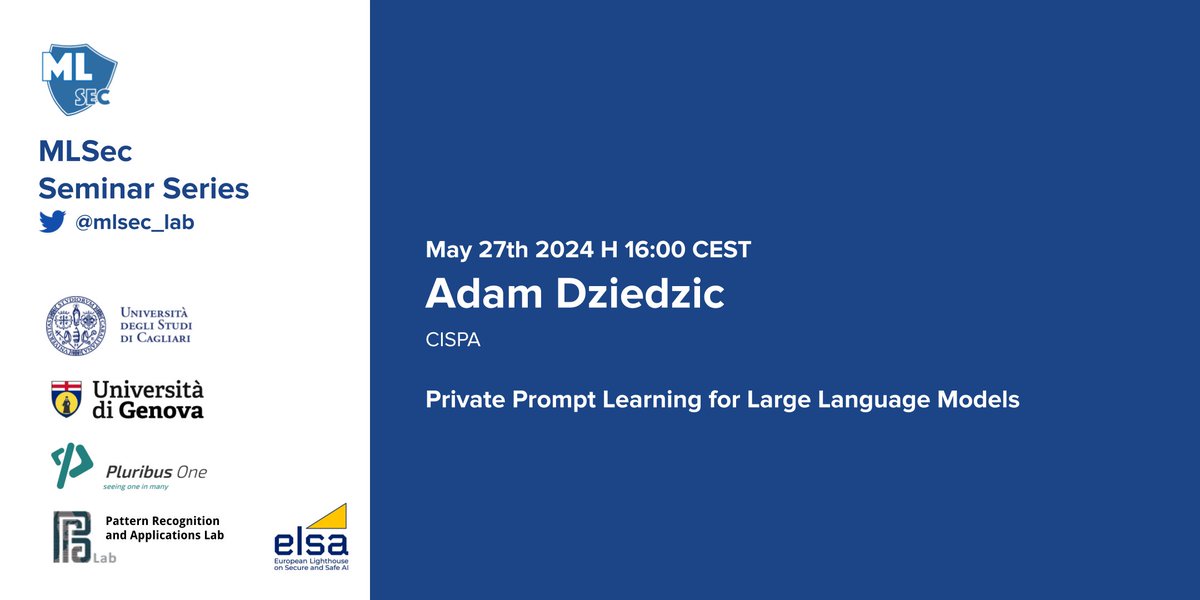 We are excited to present a new event of our seminar series on ML Security! We will host @adam_dziedzic (@CISPA) on May 27, 2024 at 16:00 CET. Free registration: us02web.zoom.us/meeting/regist… @elsa_lighthouse @adversarial_ML @trustworthy_ml @aivillage_dc @RedTeamVillage_