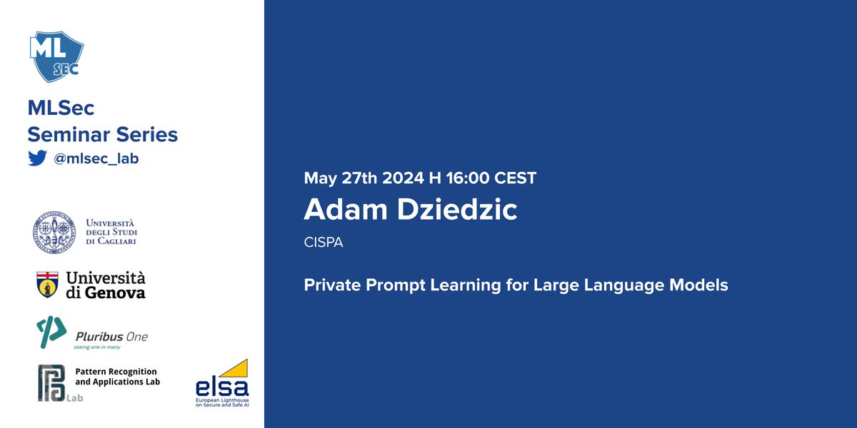 Machine Learning Security Laboratory (@mlsec_lab) on Twitter photo We are excited to present a new event of our seminar series on ML Security!
We will host <a href="/adam_dziedzic/">Adam Dziedzic</a> (@CISPA) on May 27, 2024 at 16:00 CET.
Free registration: us02web.zoom.us/meeting/regist…
<a href="/elsa_lighthouse/">ELSA - European Lighthouse on Secure and Safe AI</a> <a href="/adversarial_ML/">Adversarial Machine Learning</a> <a href="/trustworthy_ml/">Trustworthy ML Initiative (TrustML)</a> <a href="/aivillage_dc/">AI Village @ DEF CON</a> <a href="/RedTeamVillage_/">RedTeamVillage</a> We are excited to present a new event of our seminar series on ML Security!
We will host <a href="/adam_dziedzic/">Adam Dziedzic</a> (@CISPA) on May 27, 2024 at 16:00 CET.
Free registration: us02web.zoom.us/meeting/regist…
<a href="/elsa_lighthouse/">ELSA - European Lighthouse on Secure and Safe AI</a> <a href="/adversarial_ML/">Adversarial Machine Learning</a> <a href="/trustworthy_ml/">Trustworthy ML Initiative (TrustML)</a> <a href="/aivillage_dc/">AI Village @ DEF CON</a> <a href="/RedTeamVillage_/">RedTeamVillage</a>