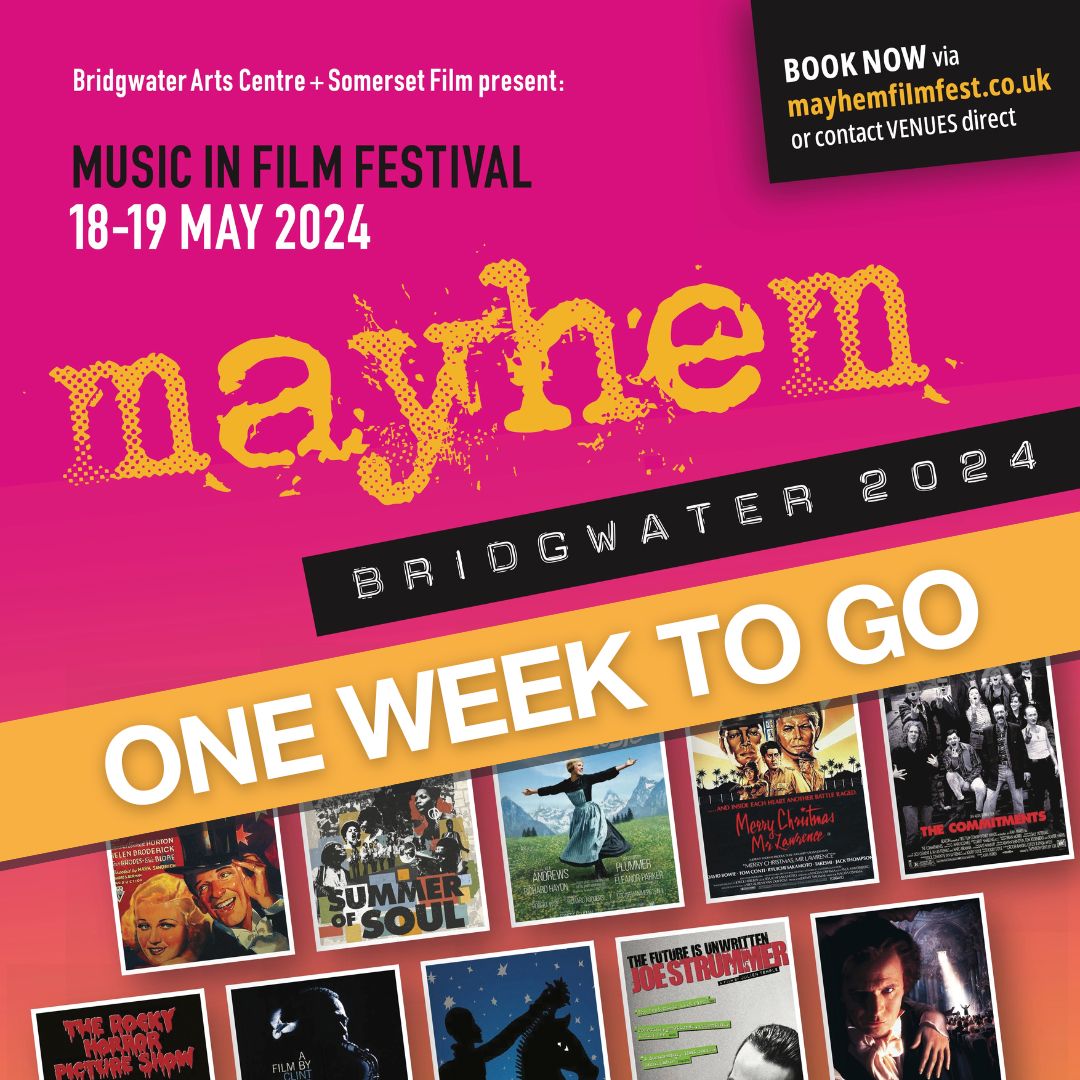 Just one week to go until the Mayhem Music in Film Festival!

Discover the power of #music in #film this #May. Tickets are available in a variety of prices, including free!
mayhemfilmfest.co.uk

#MayhemFilmFestival2024 #MusicInFilm #Bridgwater #Somerset #May2024
