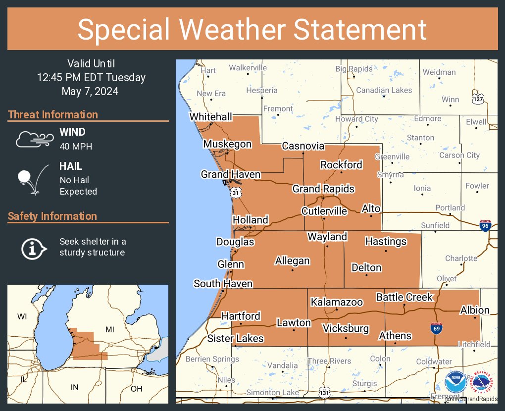 A special weather statement has been issued for Grand Rapids MI, Kalamazoo MI and  Wyoming MI until 12:45 PM EDT