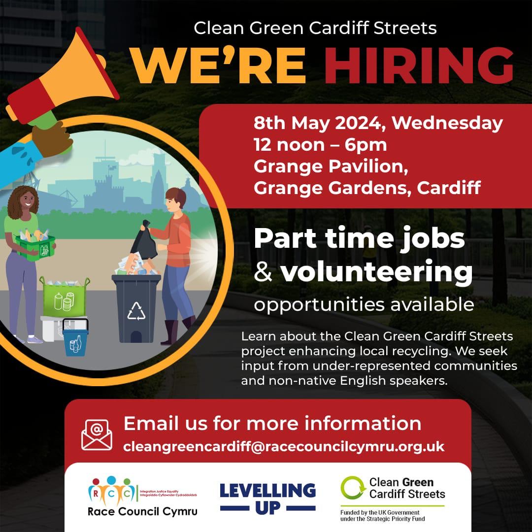 🌿 We're hiring! Join our Clean Green Cardiff Streets event on May 8th @Grange_Pavilion, Cardiff, 12-6 pm. Part-time jobs & volunteer roles to help reach a 70% recycling rate with a community-led approach. More at cleangreencardiff@racecouncilcymru.org.uk. #CardiffRecycles…