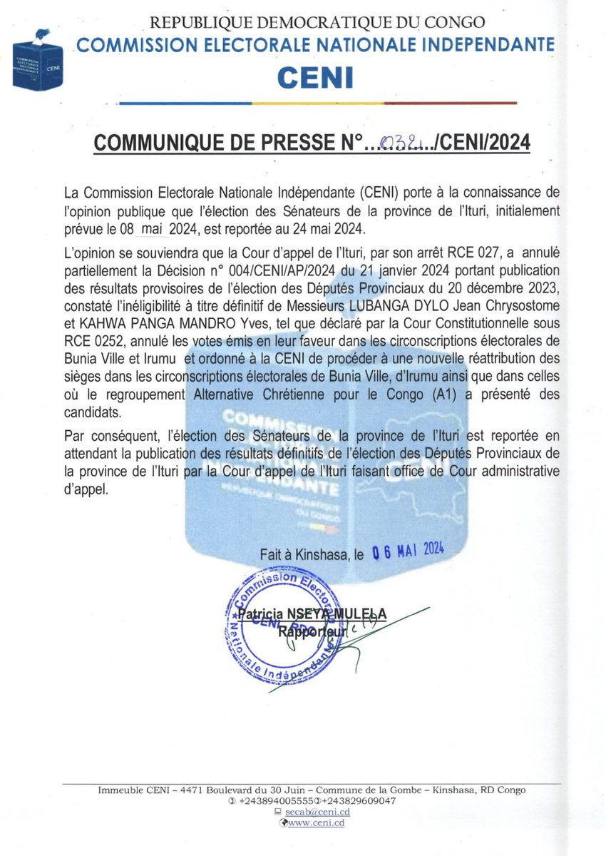 COMMUNIQUE DE PRESSE N° 032/CENI/2024 Relatif au report l'élection des Sénateurs de la province de l'ituri.