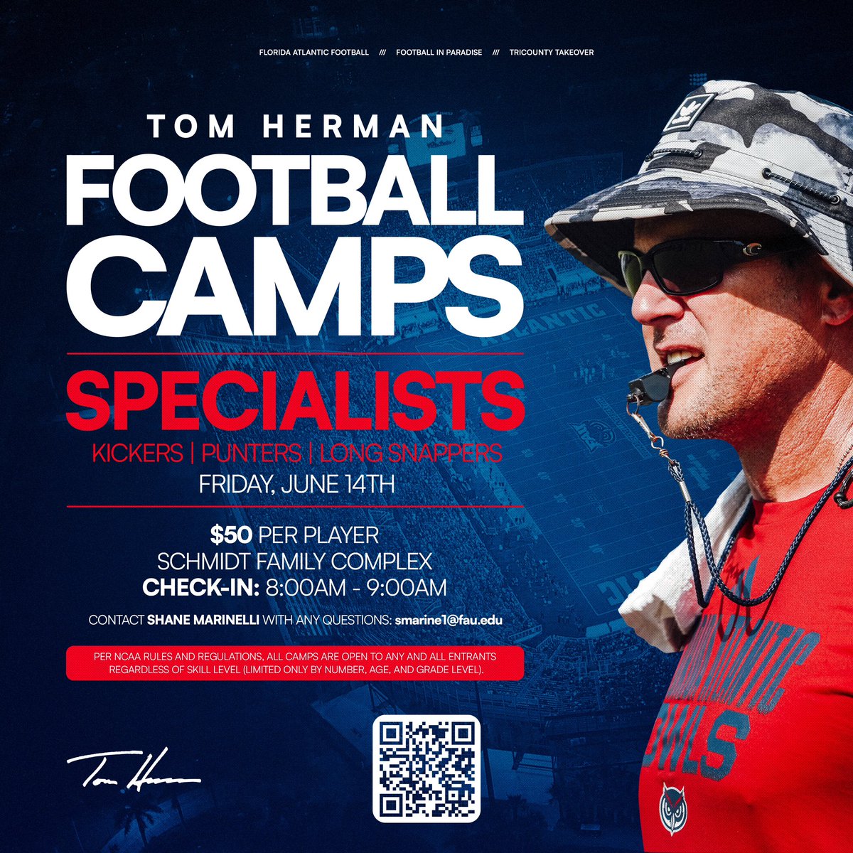 Sign up now for the Tom Herman Football Camps this June!🏈🏝️ For more information and to register visit the camp website ⬇️ tomhermanfootballcamps.com #TriCountyTakeover #WinningInParadise