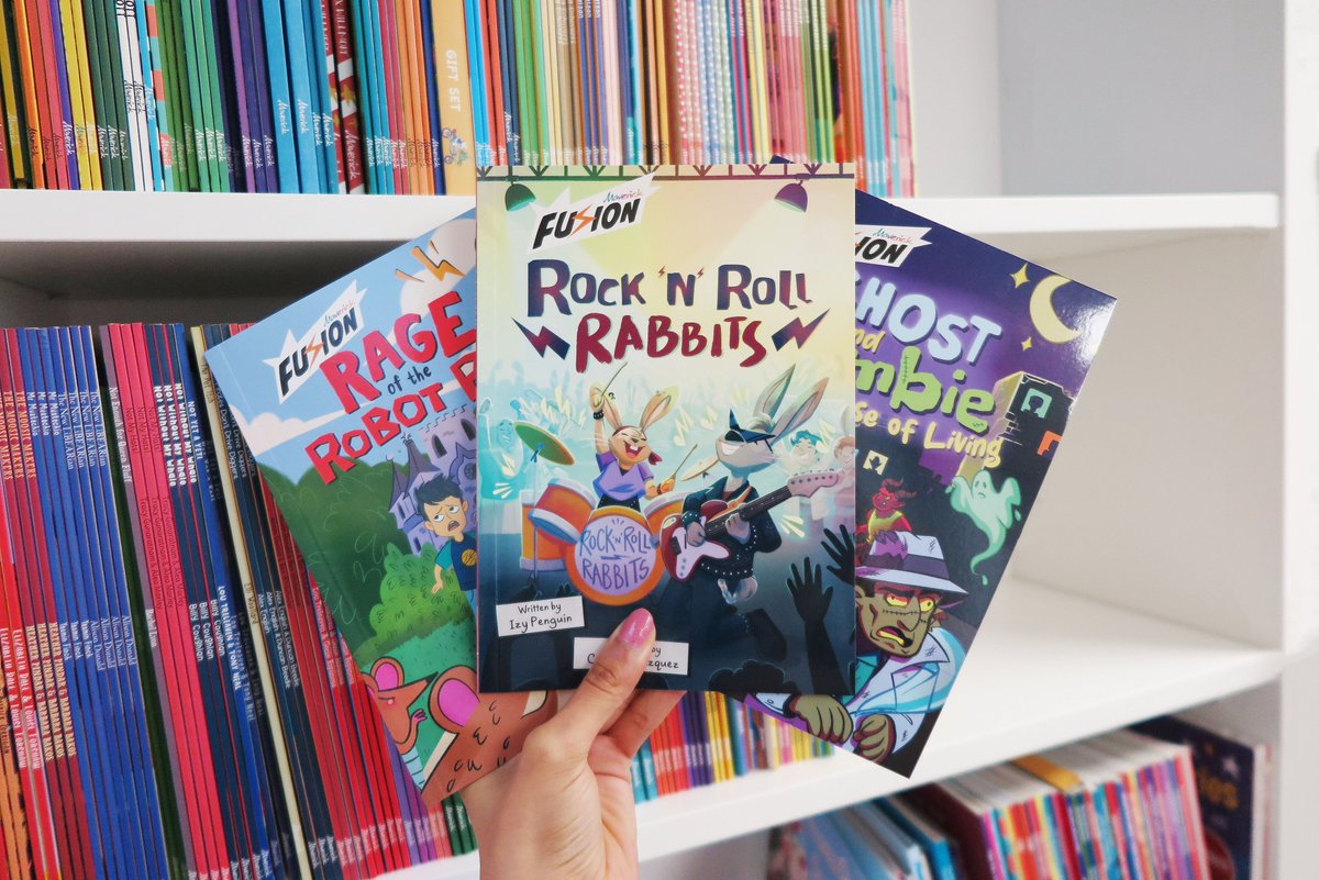 How cool do these brand new Fusion covers look together?! A round of applause to our fantastic illustrators... 
Rock n Roll Rabbits: <a href="/carov_art/">Carolina Vázquez</a>
Ghost and Zombie and the Curse of Living: Luiz Fernando Da Silva
Rage of the Robot Rats: Ma Pe 
#NewProduct #Kidslit