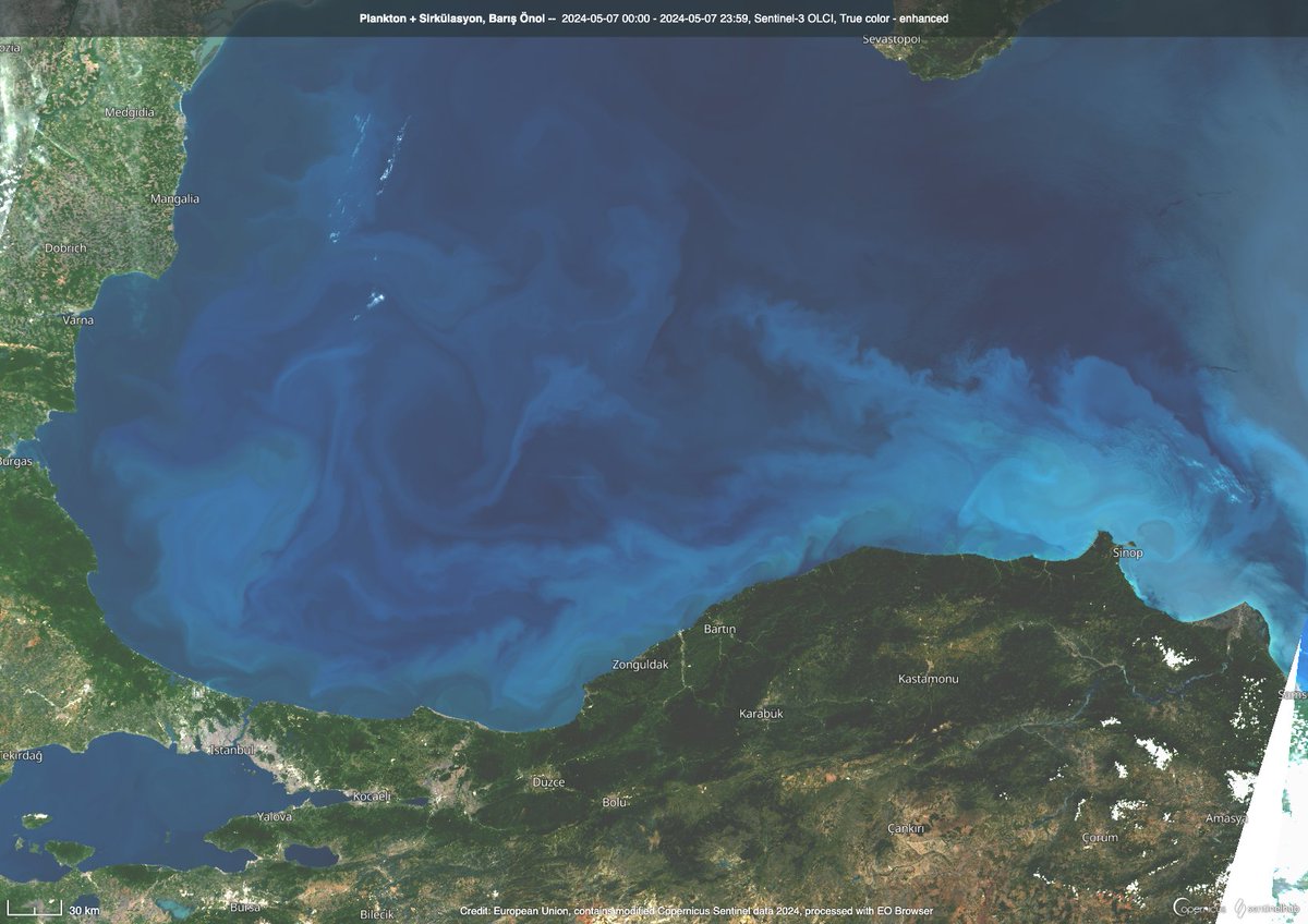 Karadeniz yağlı boya tablo gibi... 
Planktonlar+ renk değişimi + çevrintiler🌀
via @sentinel_hub #BlackSea