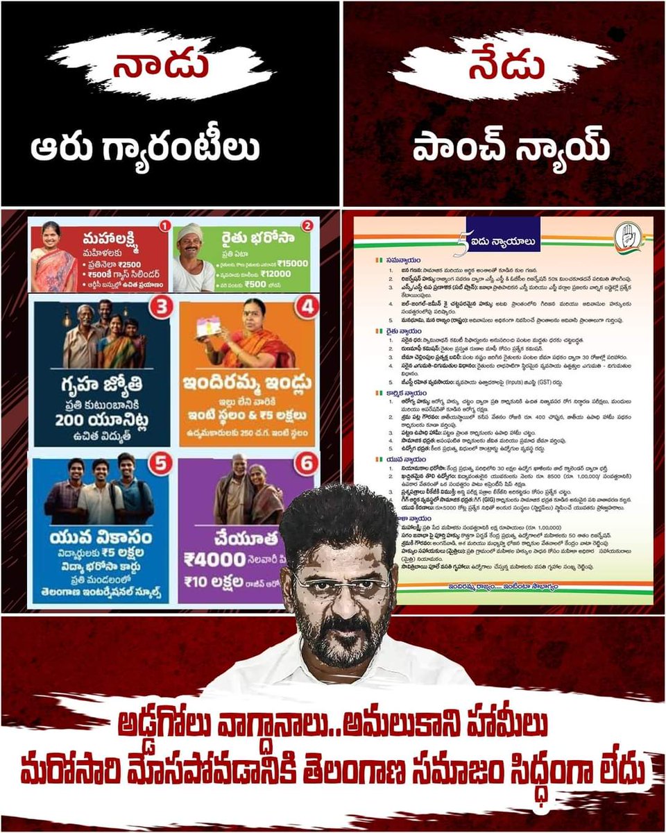 Santhoshv4Bjp's tweet image. నాడు ఆరు గ్యారంటీలు నేడు పాంచ్ న్యాయ్

మరోసారి  మోసపోవడానికి తెలంగాణ సమాజం సిద్ధంగా లేదు!!

#CongressMukthBharath