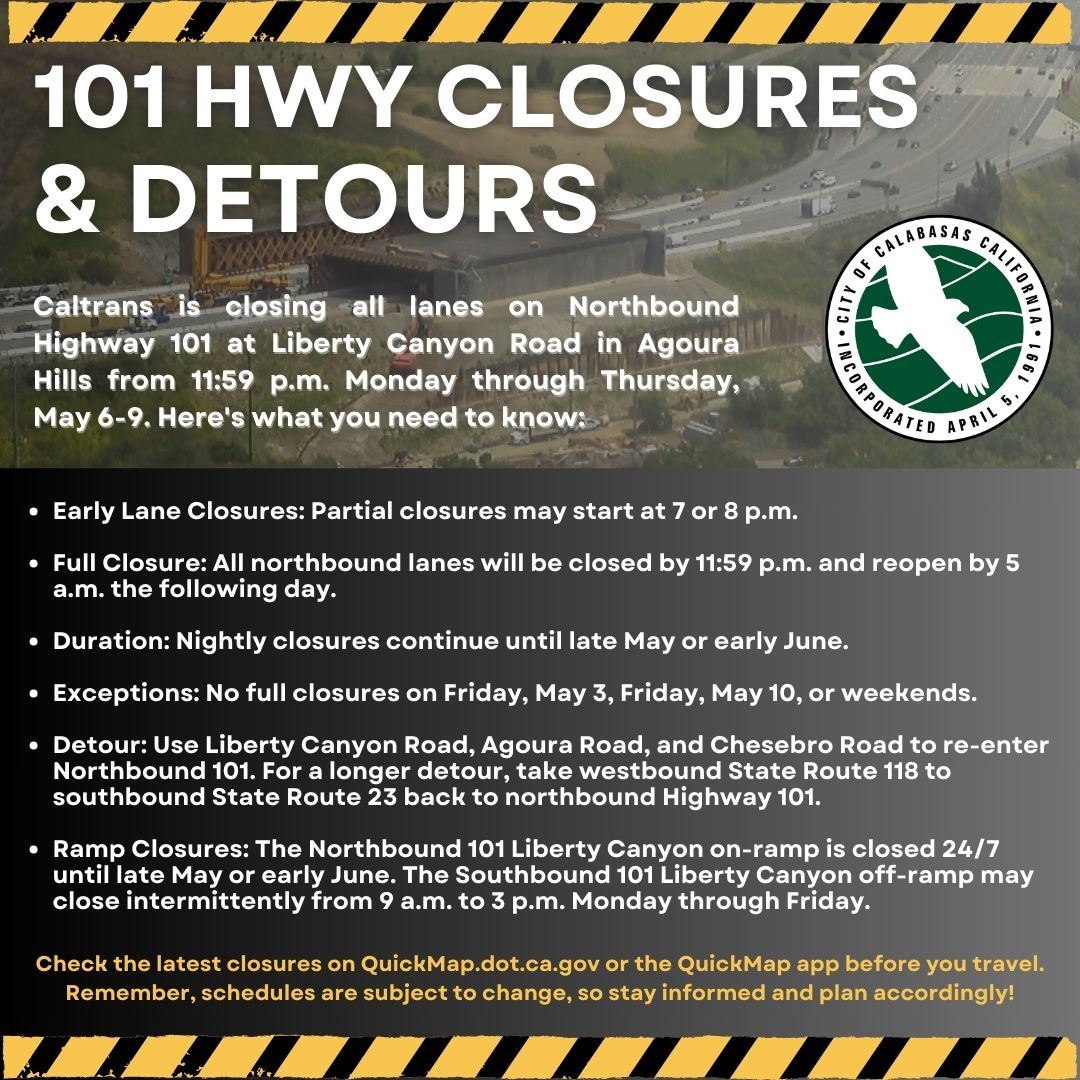 Caltrans will be back at it again tonight -- closing the northbound 101 to work on the big Wildlife Crossing near Liberty Canyon. Follow the detours. Closure starts at midnight, but partial lane closures could start as early as 7:00p.