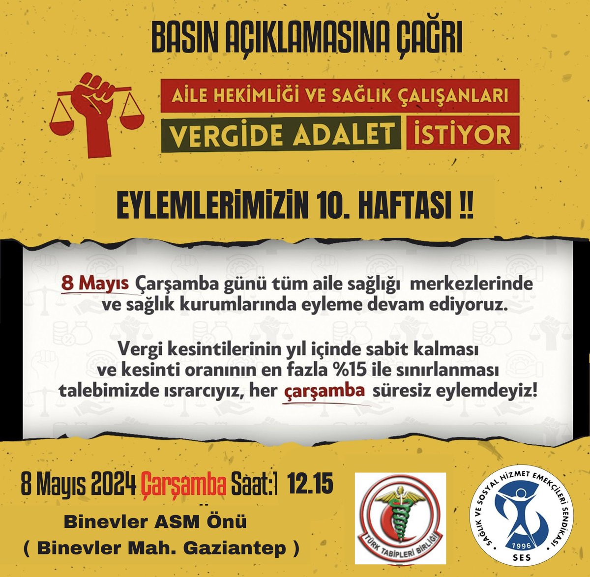 Vergide Adalet Eylemi 10. Haftasında Gaziantep Binevler ASM önünde olacağız. #vergideadalet istiyoruz.