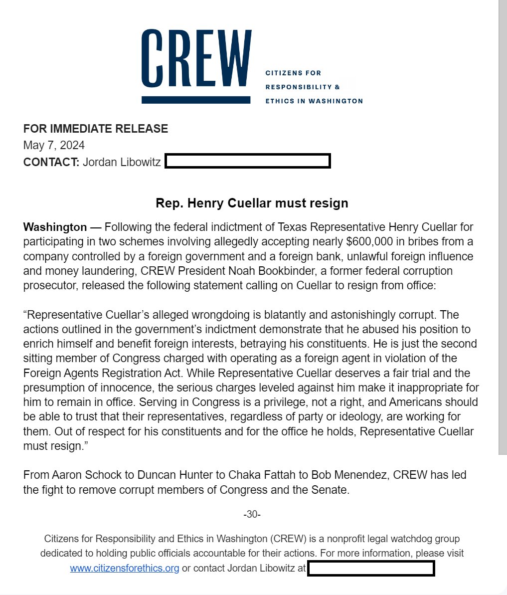 .@CREWcrew calls on @RepCuellar to resign, asserting that his indictment demonstrates 'he abused his position to enrich himself & benefit foreign interests.' (CREW is aligned with Dems, but has worked to cast itself as bipartisan, previously calling for Bob Menendez to resign.)