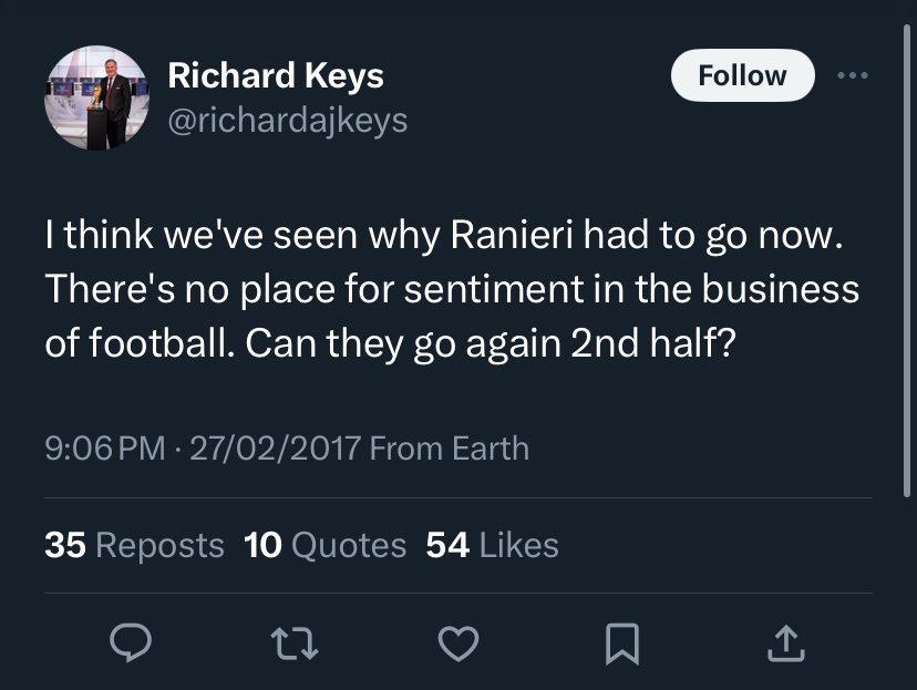 Funny how Ranieri “had to go” shortly after winning Leicester the league but Moyes seemingly should’ve had a job for life. What’s the difference? Oh ones your mate and the other isn’t. Cretinous cunt.