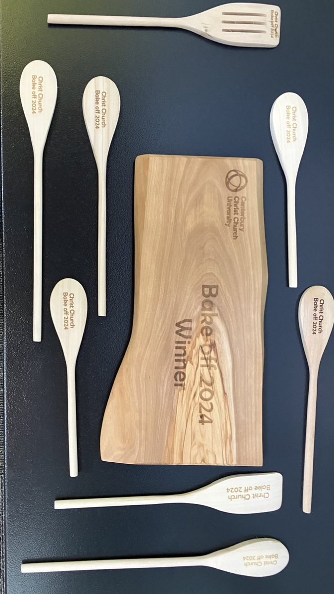 Oooh pretty! Getting ready for tomorrows bake off @CanterburyCCUni a beautiful bespoke engraved live wood charcuterie board! Huge thank you to engineering department for coming up trumps on the engraving #cccuandproud