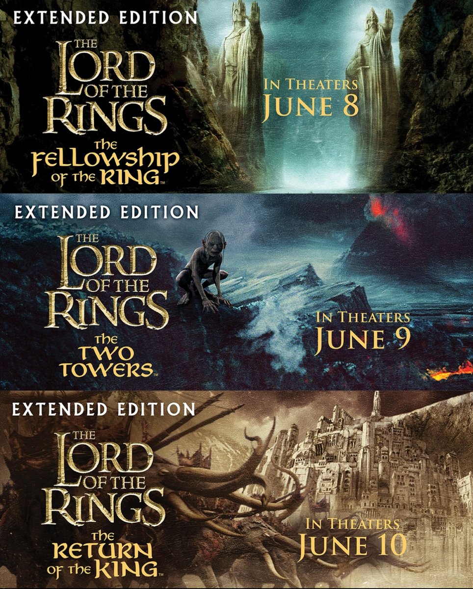 The Lord of the Rings: Trilogy EXTENDED editions are back in theatres! Tickets on sale now. 🤩 The Fellowship of the Ring: cinemark.com/movies/lord-of… The Two Towers: cinemark.com/movies/lord-of… Return of the King: cinemark.com/movies/lord-of…