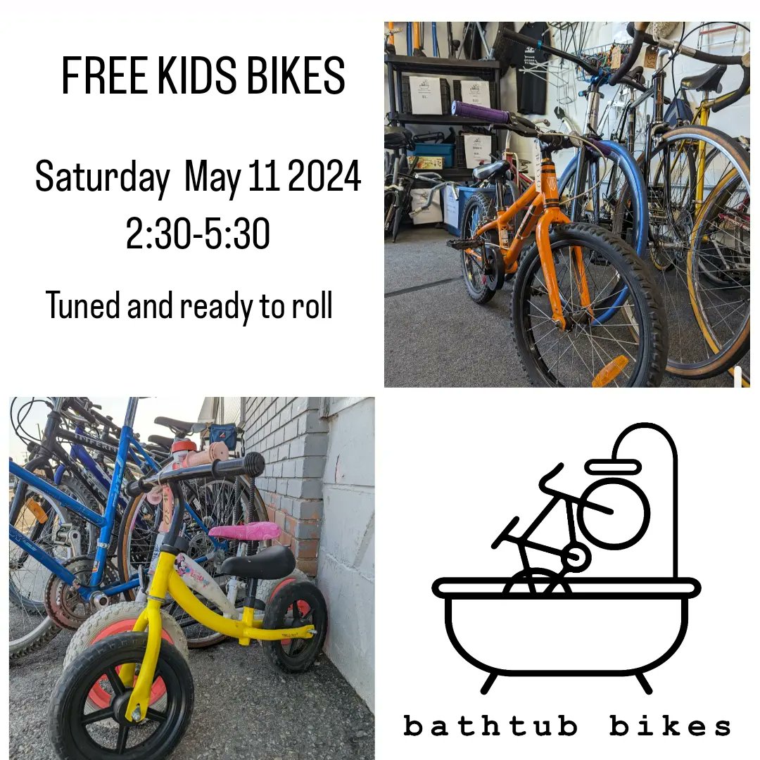 bathtubbikes's tweet photo. FREE KIDS BIKES THIS SATURDAY!
We have 25 to 35 kids bikes that we are looking to donate this Saturday May 11th between 2:30 and 5:30 p.m. all of these bikes have been donated by our enthusiastic bike community and tuned by volunteers bike mechanics to ensure safety for everyone. https://t.co/ca845UXDd6