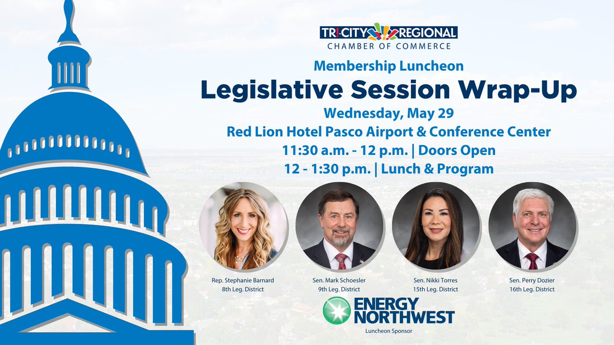 Join us on Wednesday, May 29 for the Regional Chamber's Legislative Session Wrap-Up Membership Luncheon, sponsored by Energy Northwest. The legislators will share updates on the latest laws and pivotal changes from the recent legislative session. Register: web.tricityregionalchamber.com/events/Legisla…