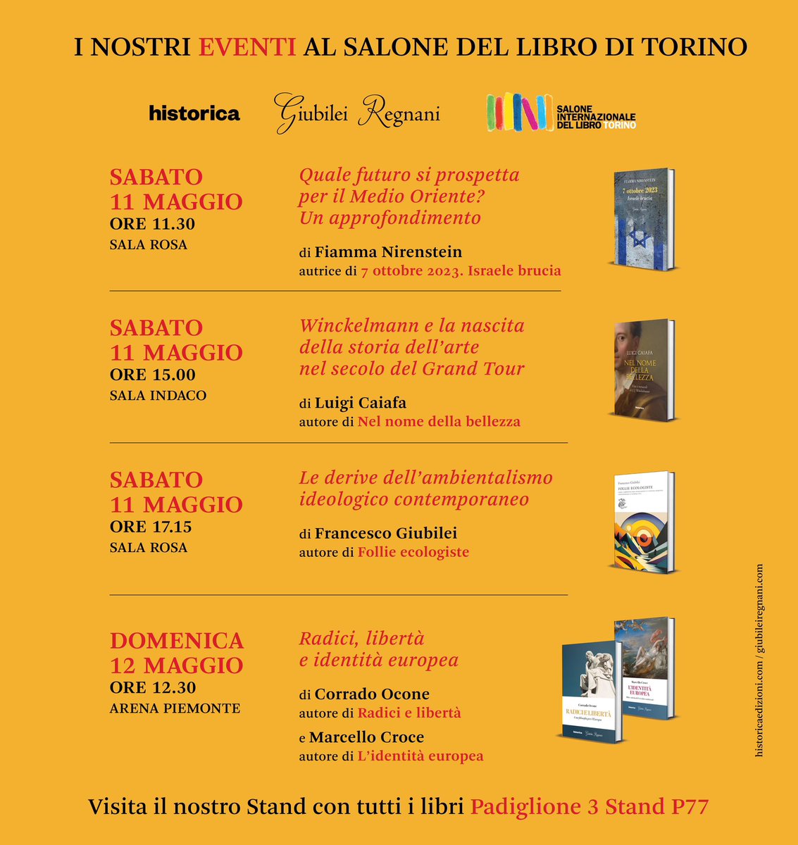 Vi aspettiamo da giovedì a domenica al Salone del libro di Torino con tutti i libri di Giubilei Regnani / Historica al Padiglione 3 stand P77. Organizzeremo anche varie presentazioni, ecco i titoli e gli orari⤵️ #salonelibro #Salto24