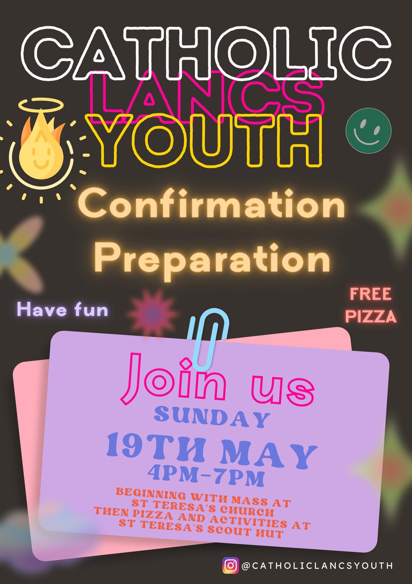 Our next youth club is on Sunday 19th May. Confirmation candidates are expected to attend as part of their preparation but all are welcome to come along! We begin with Mass at 4pm in St Teresa’s before heading over to the scout hut for pizza and activities! #confirmation 🎉⛪️🔥🕊️