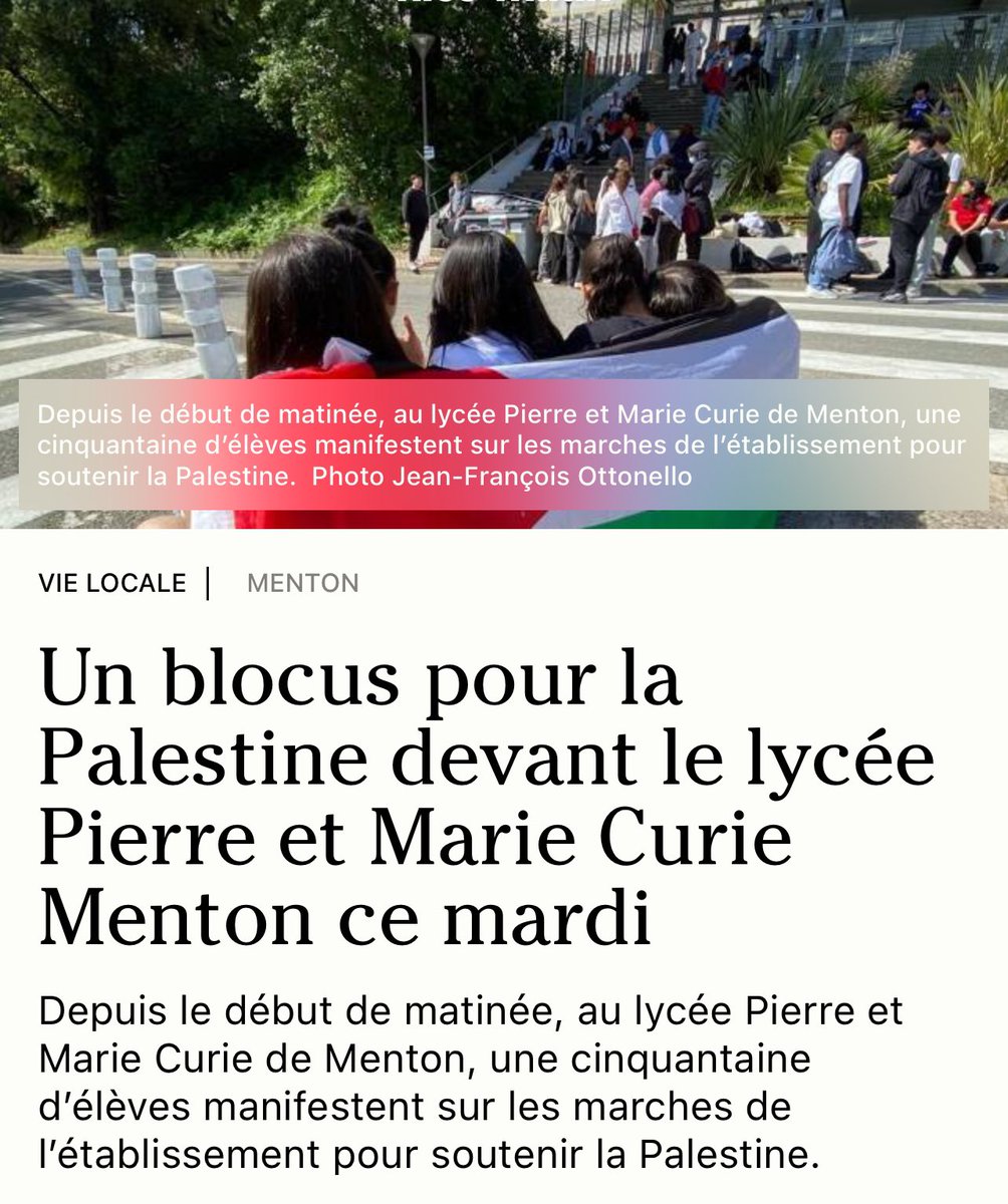 La haine envers #Israël, alimentée par les islamogauchistes, gagne les lycées, comme ce matin au lycée Pierre et Marie Curie à #Menton. 

Ces blocages sont inacceptables ! 

La région doit prendre ses responsabilités contre ces agitateurs, bien souvent antisémites.