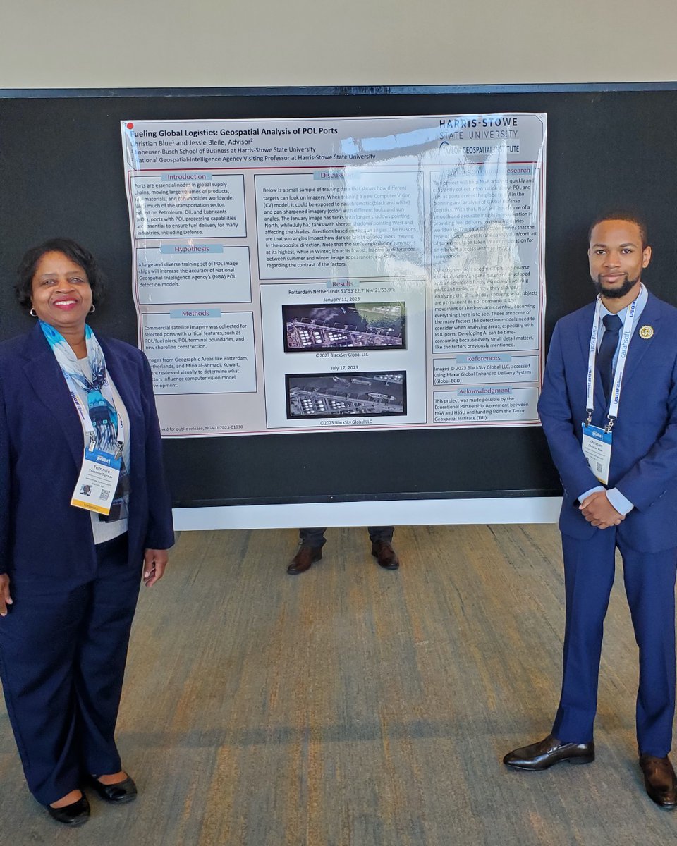 #HSSUsVeryOwn Christian Blue and Dr. Tommie Yvette Turner attended the GEOINT Forward Conference where Christian presented his research poster entitled 'Fueling Global Logistics: Geospatial Analysis of POL Ports' and concluded his HSSU undergraduate research experience.