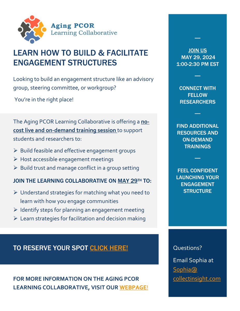 📢Calling all students &researchers! Join #Aging #PCOR Learning Collaborative on 🗓️May29 for a no-cost training session on building &facilitating engagement structures. Learn to host accessible meetings, build trust &manage conflict. Reserve your spot: bit.ly/3y60TB0⭐️