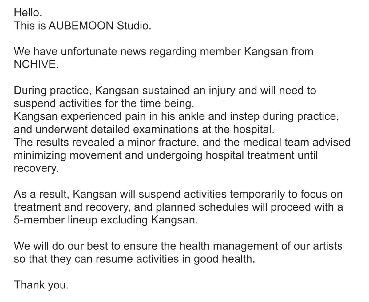 NCHIVE’s has announced that KANGSAN will be on a temporary hiatus due to a minor fracture. We wish him a fast recovery! @nchiveofficial #NCHIVE #KANGSAN
