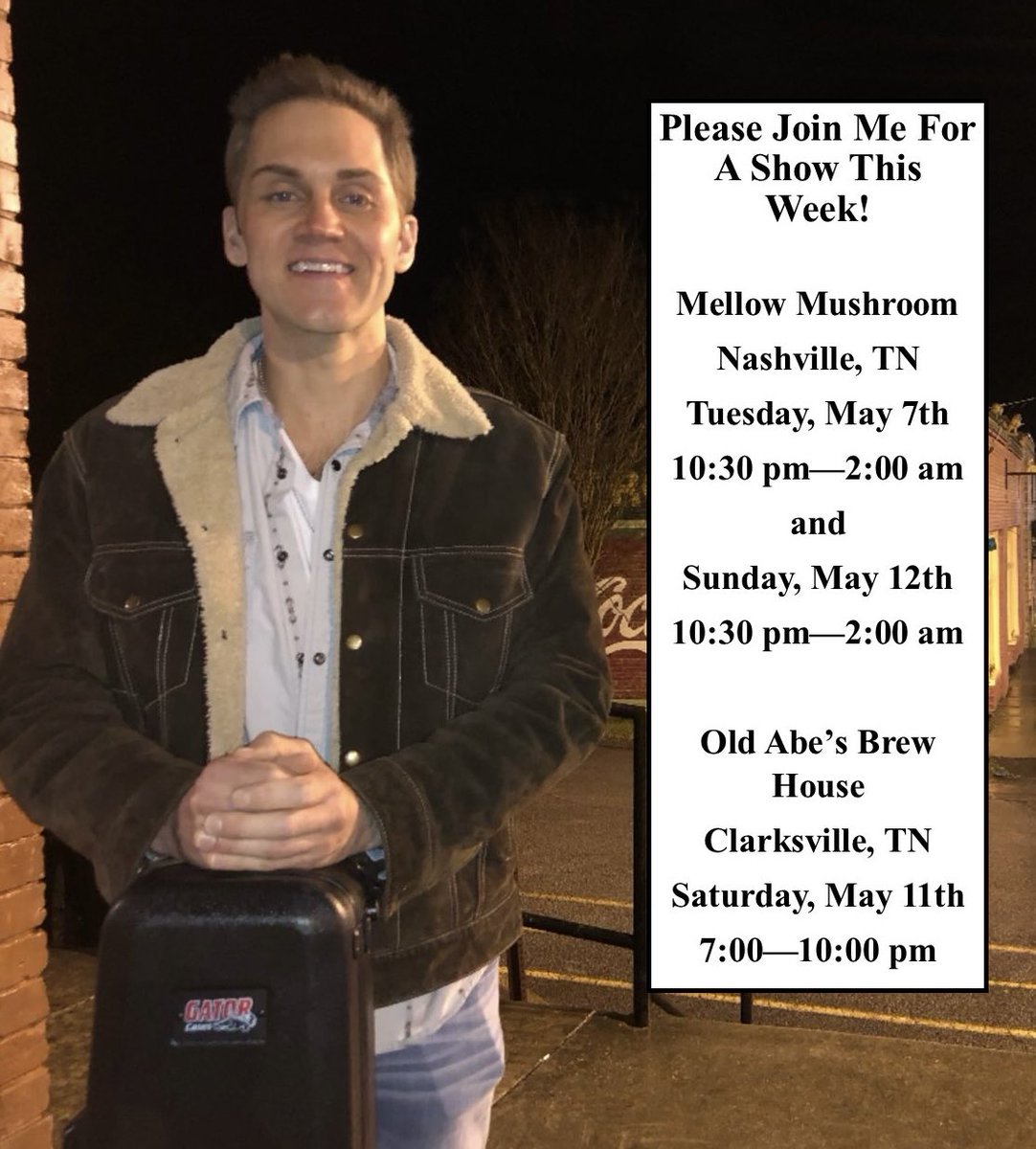 I’m looking forward to the shows this week! Please join me for great live music and a fun time! 😀🎸
#douglasriley #douglasrileymusic #singersongwriter #nashvilletn #indieartist #originalmusic #clarksvilletn #livemusic #countrymusic #spotifyartist #countrymusicartist