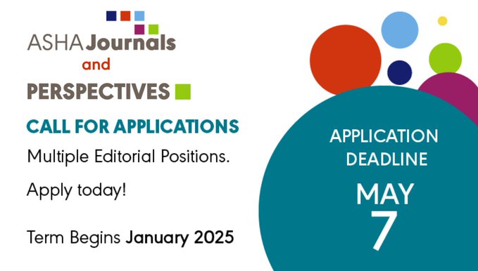 Final call! This is your final chance to be considered for the ASHA Journals Editor-in-Chief and Editor roles. Don't miss the deadline! Term begins Jan 2025. ASHA Journals editor-in-chief and editor positions are now open for applications! @ASHAweb @SIGPerspectives @ASHALeader