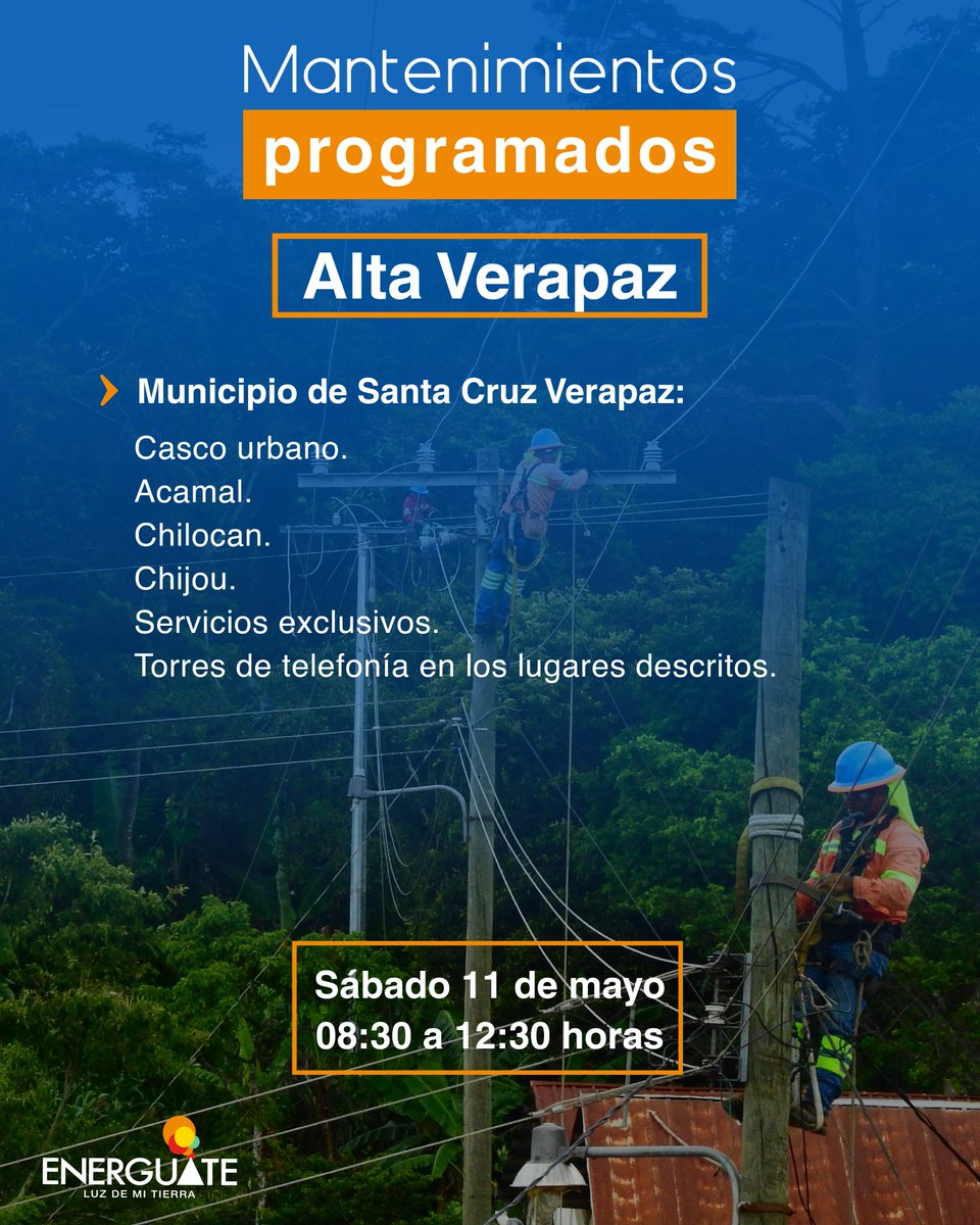 ¡Aviso de trabajos en la red eléctrica en Alta Verapaz!

#TrabajamosParaTi #Guatemala #AltaVerapaz