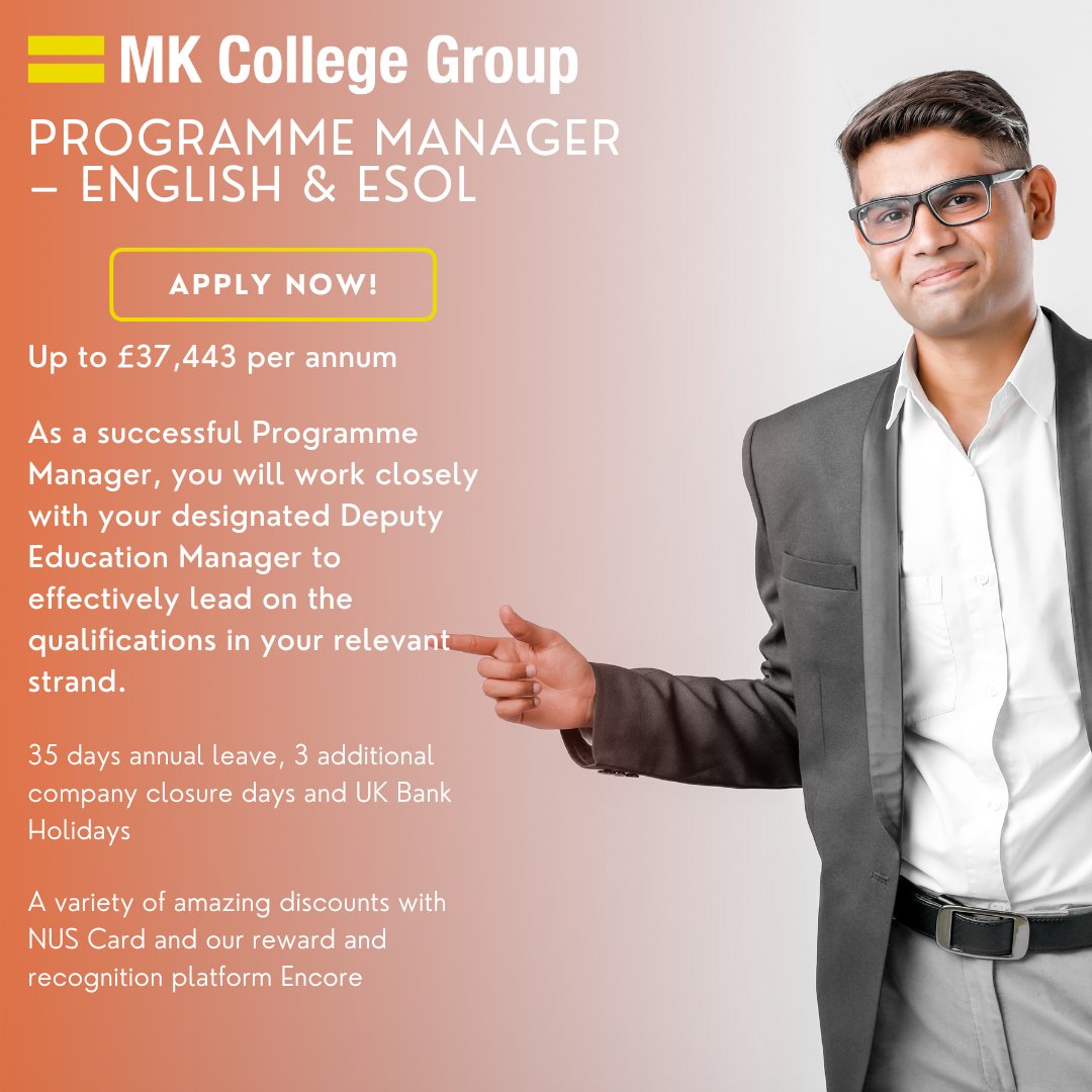 MK College Group have an exciting new opportunity for a Programme Manager for English & ESOL to join the education team at HMP Fosse Way in Leicester.

lnkd.in/eug3dXUz

#prisoneducation
#teachingjobs
#NotJustACollegeInMiltonKeynes
#edujobs
#FastForwardFriday