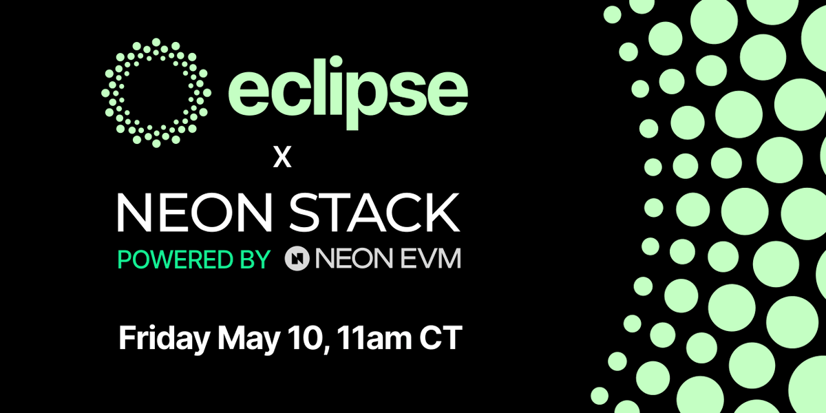 Breaking through the EVM-SVM compatibility barrier 👊 Join us for a Twitter space with @Neon_EVM as we discuss how Neon Stack will enable EVM-based dApps to launch on Eclipse. Set your reminders here for Friday May 10, 11am CT 🔔: x.com/i/spaces/1jMJg…